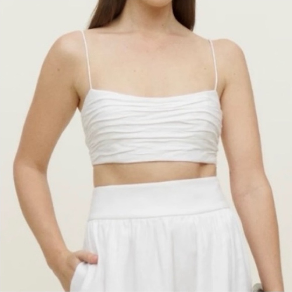 Reformation Louise Linen Top White fitted bodice cropped smocked back Sz 10 NEW